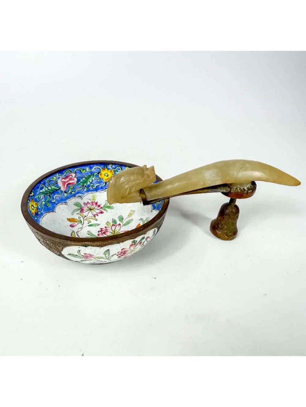 Antique Chinese Enameled Floral Jade Nephrite Hook Handle Bowl